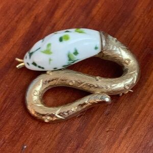 Vintage Gold Tone Hand Painted Glazed Ceramic Snake Serpent Brooch